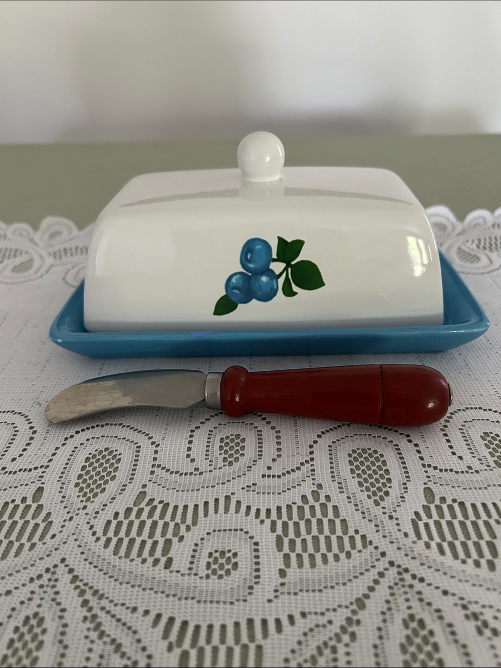 Blueberry Motif Ceramic Butter Dish with Blue Base 8x5 in few call outs - Picture 2 of 11